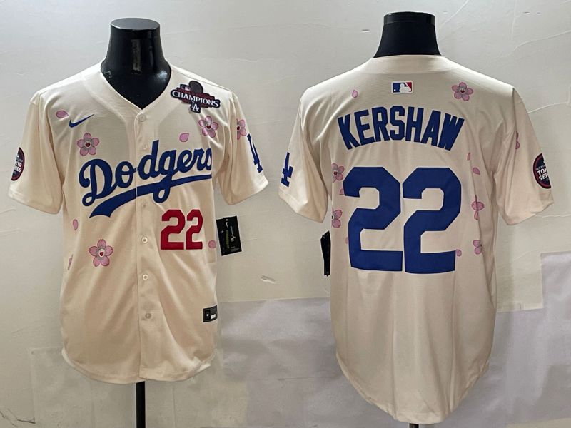 Men Los Angeles Dodgers #22 Kershaw Cream White Blue Sakura Edition 2025 Nike MLB Jersey style 11->los angeles dodgers->MLB Jersey